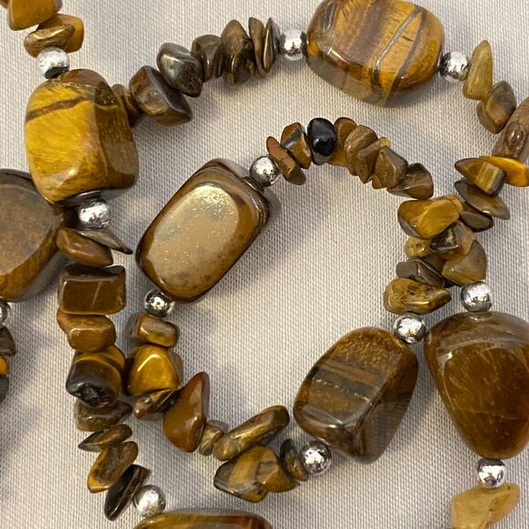 Choker Necklace Tiger's Eye Stones Tiny Silver Tone Beads - Picture 3 of 5